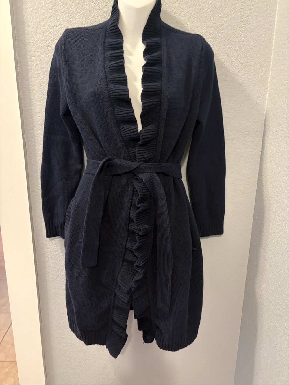 Talbots Navy Ruffled Open Front Cardigan Sweater Belted Tie Size XS